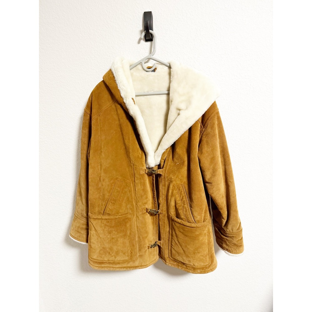 Vintage Gallery Womens Suede Leather Hooded Parka Coat Faux Fur Lined Tan Medium